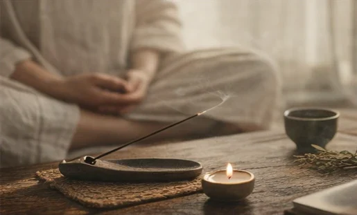 How to Create a Calm Evening Ritual at Home: A serene home setup with a burning natural incense stick on a stone holder, a lit tealight candle, and a person meditating in the background, creating a peaceful evening self-care ritual.
