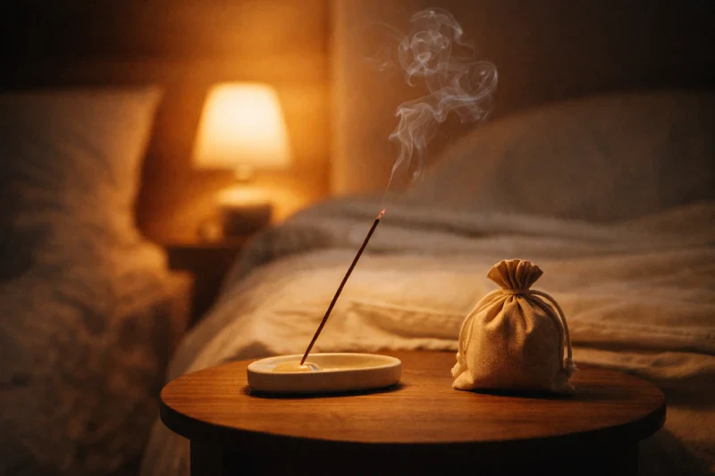 Natural Ways to Wind Down Before Sleep: A serene bedroom scene with a burning natural incense stick on a white ceramic holder, a linen sachet on a wooden nightstand, and a softly lit bed, creating a calming pre-sleep ritual.
