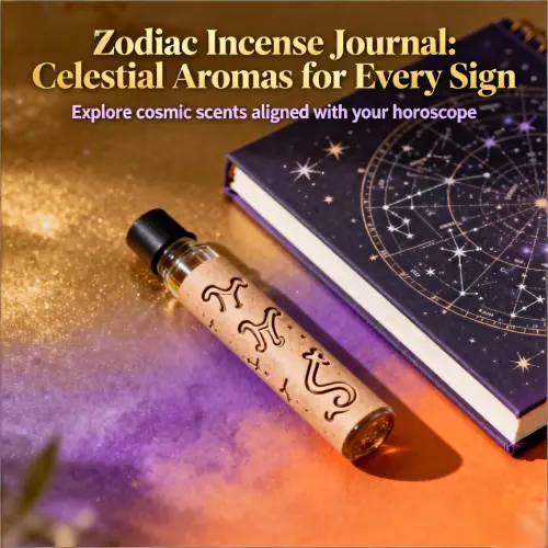zodiac astrology incense aesthetic, incense and horoscope journal, celestial themed incense flat lay, warm cosmic tones