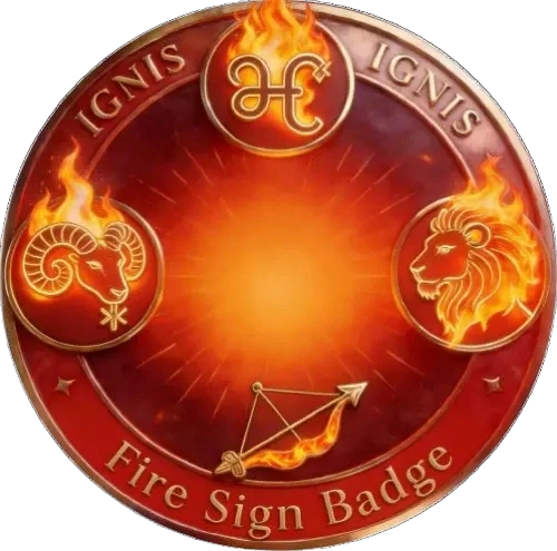 Fire sign zodiac Aries Leo Sagittarius badge, flame ram lion bow, vibrant energy, Chinese incense zodiac fragrance guide.