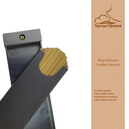 Plum Blossom Comfort Incense Sticks with Black Wooden Holder | Incense Moment - Natural Handcrafted Incense for Evening Relaxation, Winter Comfort, Meditation, and Quiet Tea Time | Chinese Traditional Aromatherapy Incense for Wellness and Emotional Reset