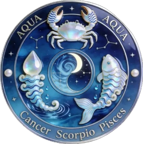Water sign zodiac Cancer Scorpio Pisces coin, crab fish teardrop moon-yin-yang, zen aesthetic, Chinese incense zodiac fragrance guide.