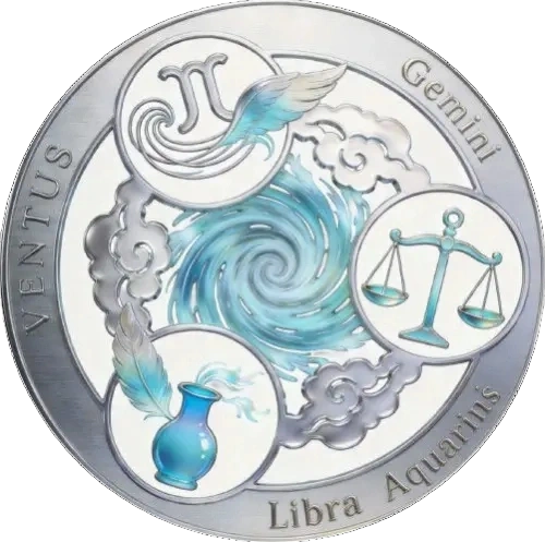 Air sign zodiac Gemini Libra Aquarius coin, twin spiral scales vase wind-cloud, fresh zen aesthetic, Chinese incense zodiac fragrance guide.