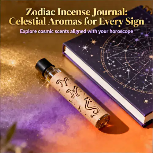 zodiac astrology incense aesthetic, incense and horoscope journal, celestial themed incense flat lay, warm cosmic tones