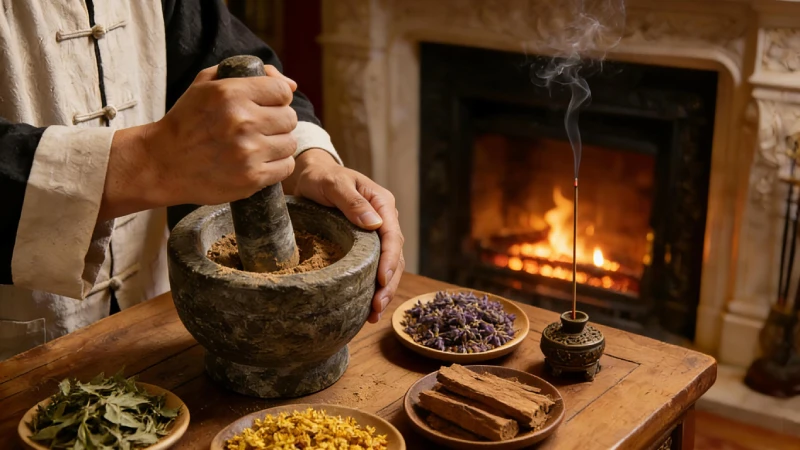 Ancient Eastern ritual: Artisan crafting natural incense from herbs, flowers, and sandalwood, creating a calming, meditative atmosphere with a burning incense stick and warm fireplace.