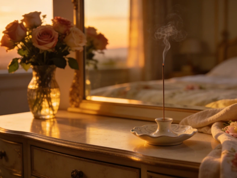 Burning Natural Herbal Incense Stick on Elegant Bedroom Vanity | Traditional Chinese Aromatherapy for Relaxation & Romantic Ambiance, Handcrafted Incense with Sunset Glow, Floral Home Decor for Wellness & Self-Care