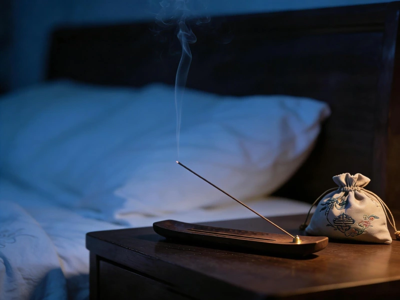 Handcrafted incense and herbal sachet on a bedside table, creating a calm pre-sleep ritual for relaxation and peaceful sleep