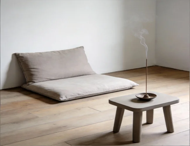 Minimalist meditation space with burning incense, designed for daily mindful meditation practice and calm wellness rituals
