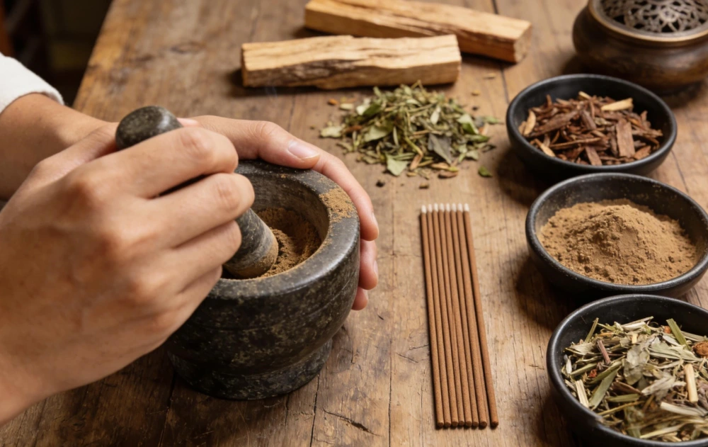 Artisanal hand grinding of natural herbal ingredients for handcrafted incense sticks, showcasing traditional craft and all-natural wellness