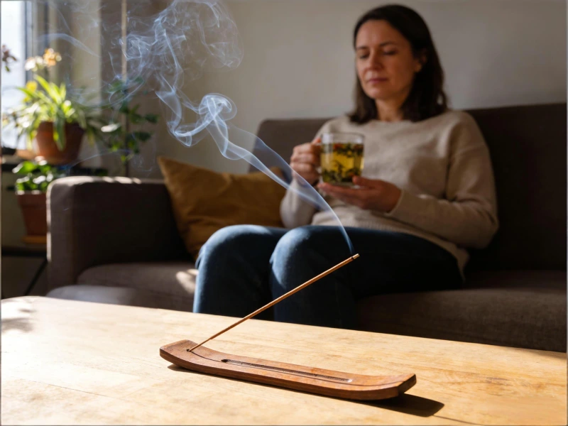 Burning Natural Herbal Incense Stick on Rustic Wooden Holder | Traditional Chinese Aromatherapy for Relaxation & Self-Care, Cozy Living Room Scene with Evening Tea Time, Handcrafted Incense for Wellness & Stress Relief, Serene Home Atmosphere
