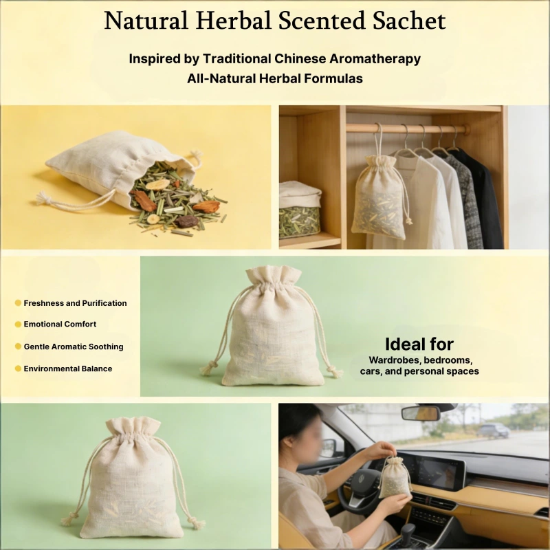 Natural herbal scented sachet guide, showcasing all-natural ingredients, uses in wardrobes, cars, bedrooms, and benefits like freshness, purification, and emotional comfort