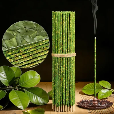 Handcrafted pomelo leaf incense sticks, hand-embedded with real pomelo leaves, traditional Chinese herbal aromatic incense for purification, relaxation and meditation, paired with a vintage lotus-shaped metal incense holder, premium natural herbal aromatherapy wellness product with fresh pomelo leaf accents
