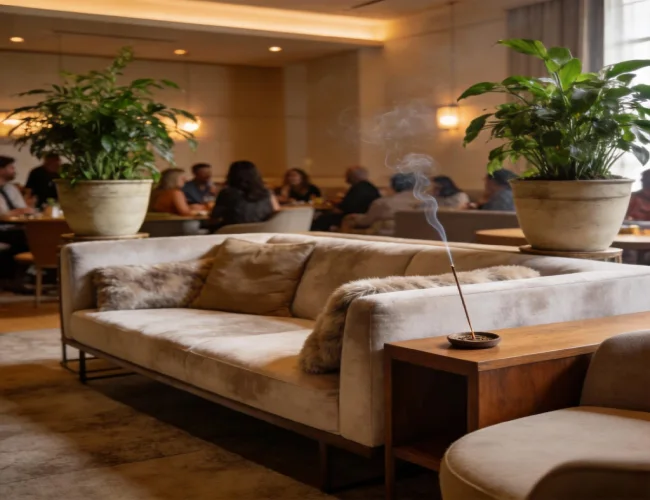 Burning incense in a cozy lounge space, designed to purify and refresh the air, creating a calm and inviting atmosphere