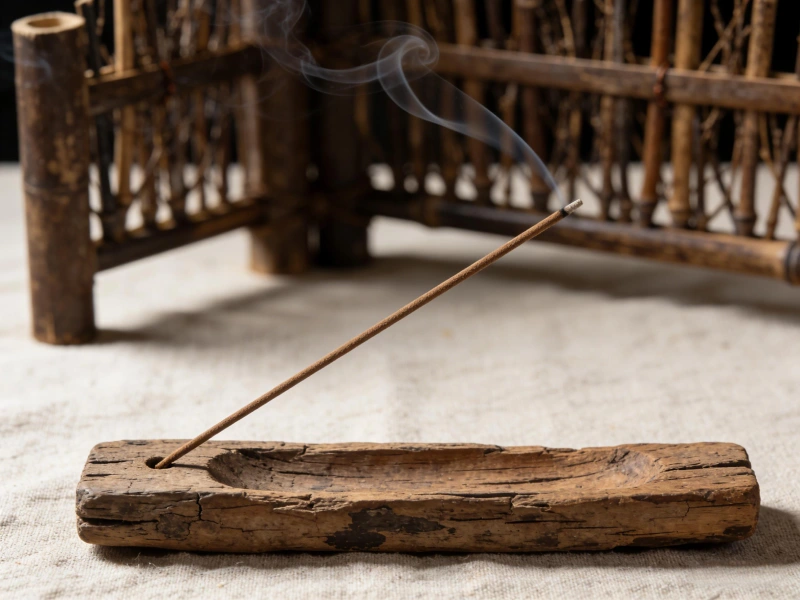 Rustic handcrafted wooden incense holder with a burning incense stick, embodying ancient stillness and quiet ritual for mindfulness, wellness, and calm