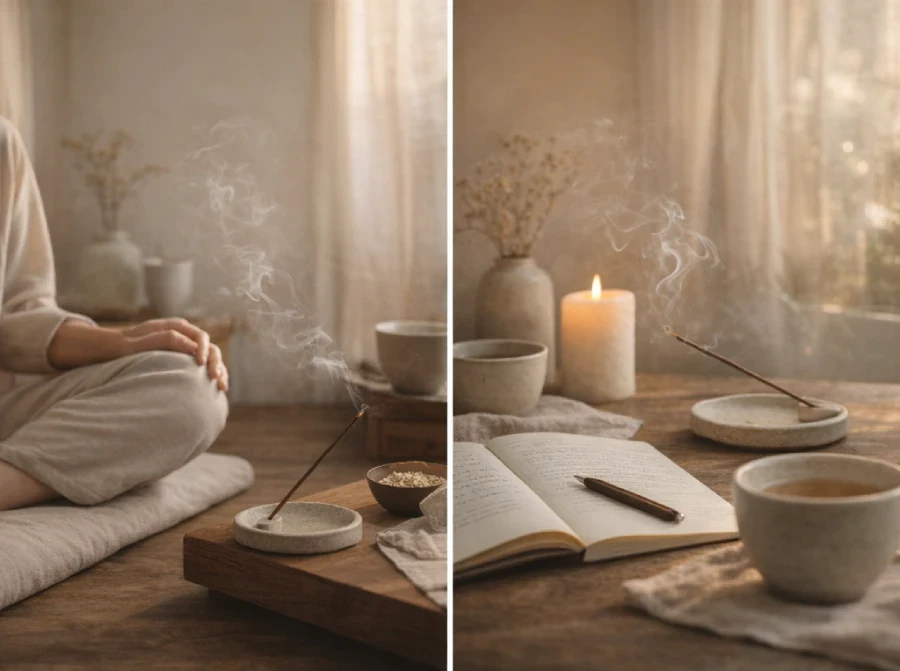 Why Small Rituals Matter More Than Big Changes: A diptych of serene self-care rituals. Left: A person meditating with burning natural incense. Right: A tranquil space with incense, a lit candle, an open book, and a cup of tea, emphasizing the power of small daily practices.