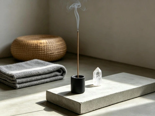 Incense stick burning with delicate smoke, placed in a blackceramic holder beside a clear quartz crystal, creating apeaceful meditation atmosphere