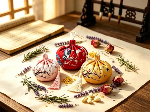Chinese herbal sachets for sleep and calm, featuring plumblossom and crane designs, surrounded by lavender androsemary