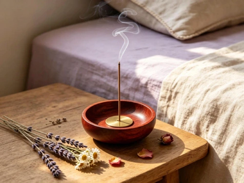 Incense stick burning in a wooden bowl, with lavender anddaisies, on a wooden bedside table for a peaceful sleepenvironment