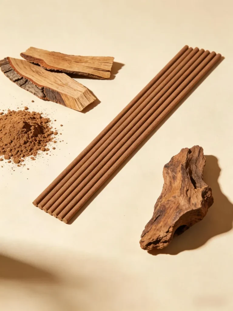 Natural sandalwood incense sticks with raw sandalwood pieces and incense powder, handcrafted traditional Chinese herbal incense for meditation, yoga and home aromatherapy wellness, premium natural woody aromatic incense