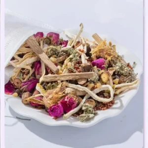 Natural herbal ingredients for sleep-inducing aromatherapy sachet with rose petals and calming botanicals