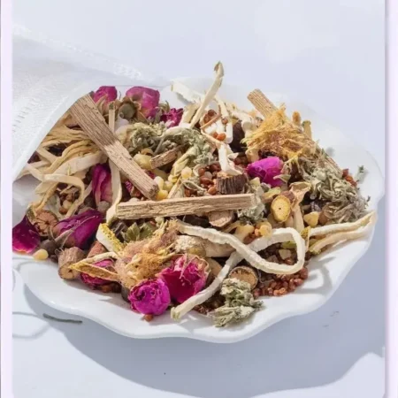 Natural herbal ingredients for sleep-inducing aromatherapy sachet with rose petals and calming botanicals