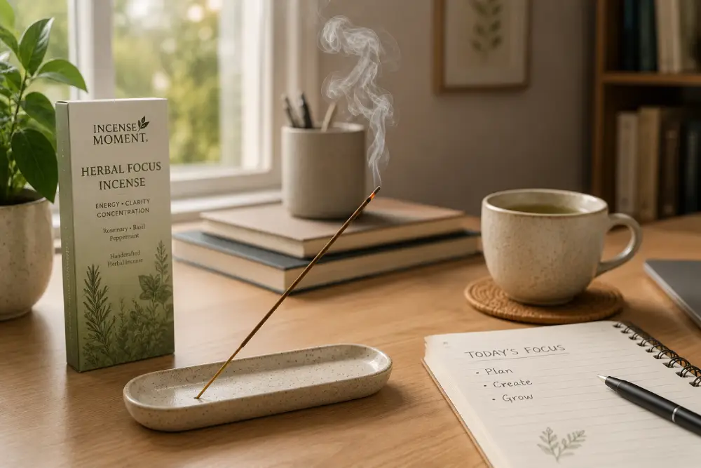 Herbal focus energy incense stick burning on a clean wooden desk with notebook and tea
