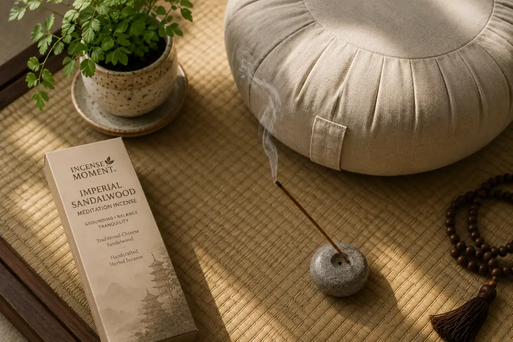 Imperial sandalwood meditation incense burning in a stone holder in a calm meditation space