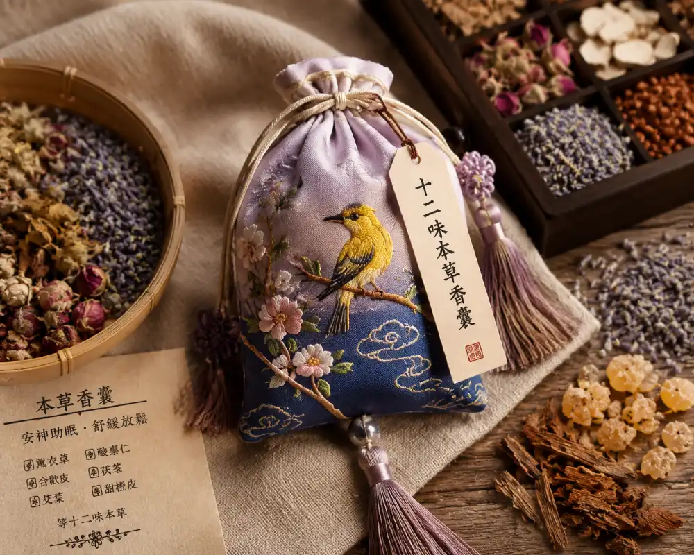 Traditional Chinese herbal sachet handmade with natural herbs for sleep and wellness