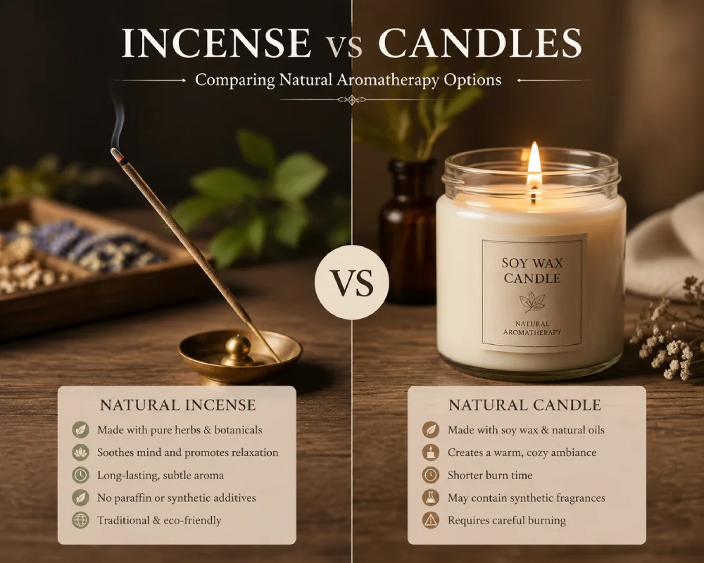 Natural herbal incense stick and soy wax candle side by side on wooden surface