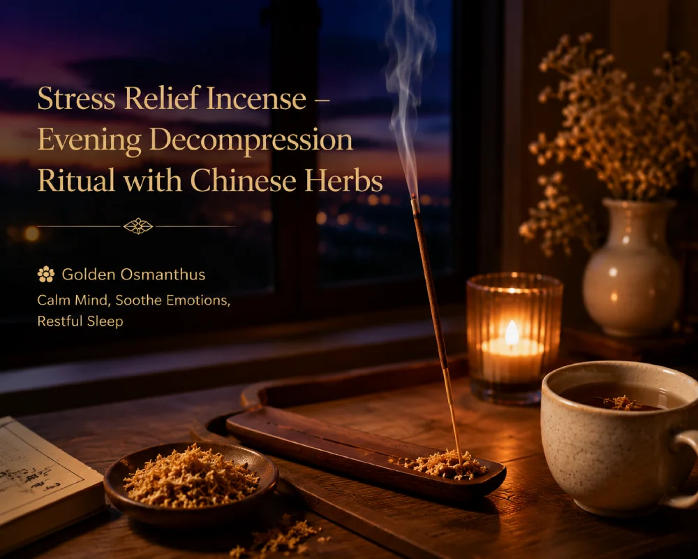 Golden osmanthus incense stick burning on wooden tray with cup of herbal tea at dusk